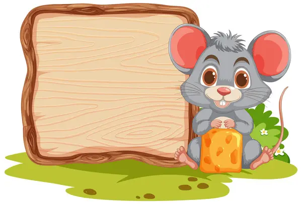 Cute Mouse Holding Cheese Blank Sign Gráficos De Vetores