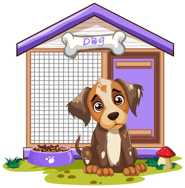 可爱的棕色和白色的小狗坐在它的犬舍旁边 矢量图形