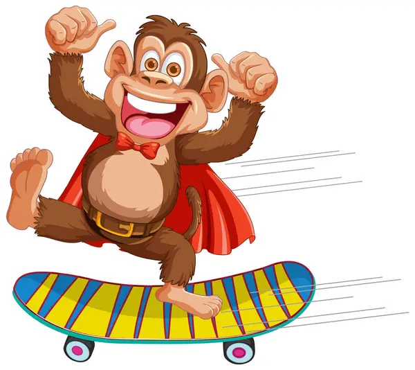 快乐的猴子带着超级英雄斗篷滑板 免版税图库矢量图片