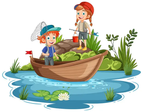 Two Kids Fishing Boat Pond 矢量图形