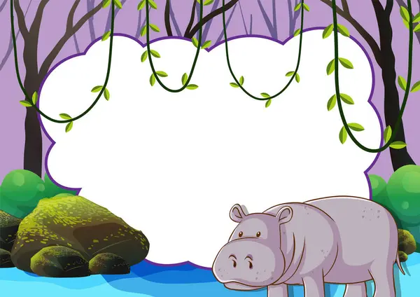 Kreskówkowy Hipopotam Stojący Pobliżu Stawu Wodnego Wektor Stockowy