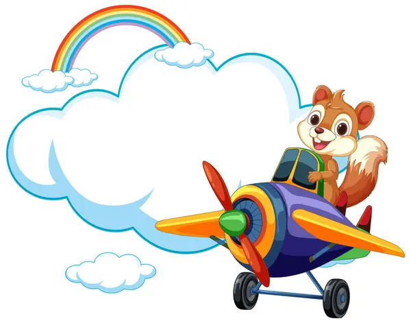 虹で飛行機を飛んでいる漫画のリス ベクターグラフィックス