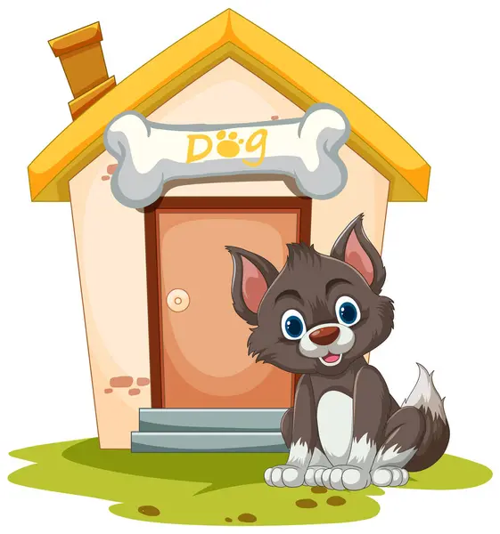 Cheerful Cartoon Puppy Sitting Its Doghouse Royaltyfria Stockvektorer