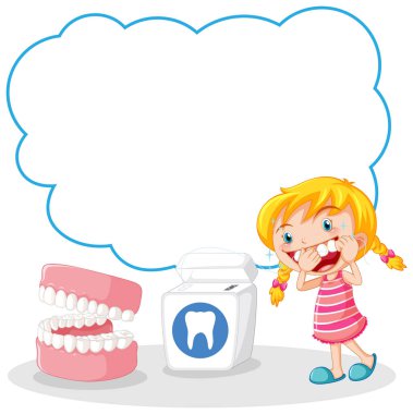 Diş ipi ve model dişleri olan çizgi film kızı..