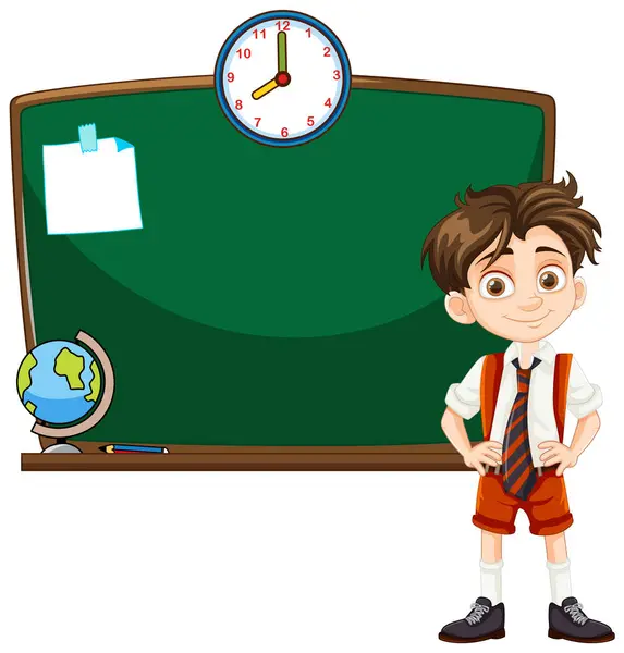 Cheerful Boy Standing Front Classroom Blackboard Ilustración de stock