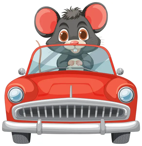Bonito Mouse Desenho Animado Dirigindo Carro Vermelho Vintage Vetores De Stock Royalty-Free