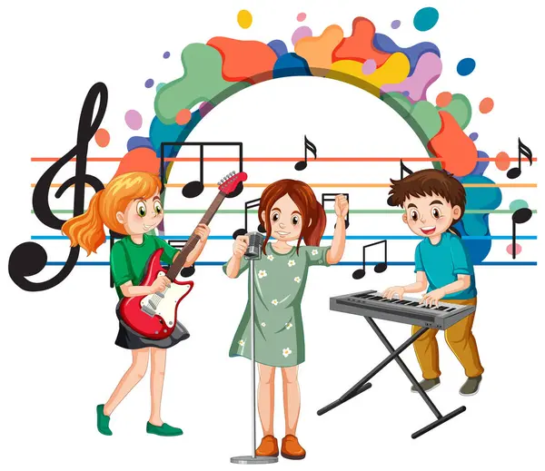 Three Kids Playing Different Musical Instruments Stock Illustration