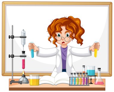 Laboratuvar önlüklü kız renkli sıvılarla deneyler yapıyor.