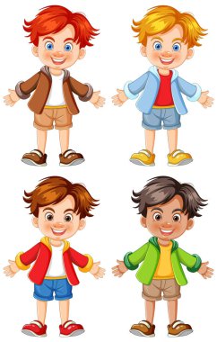 Dört neşeli çizgi film çocuğu ayakta ve gülümsüyor..