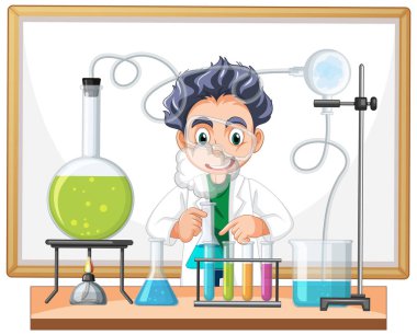 Laboratuvarda kimyasallarla çalışan karikatür bilimcisi.