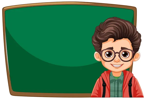 Cartoon Boy Glasses Standing Chalkboard — Stock Vector