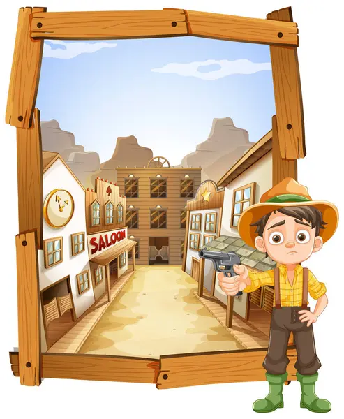 Cartoon Cowboy Boy Western Town Setting Stock Vector
