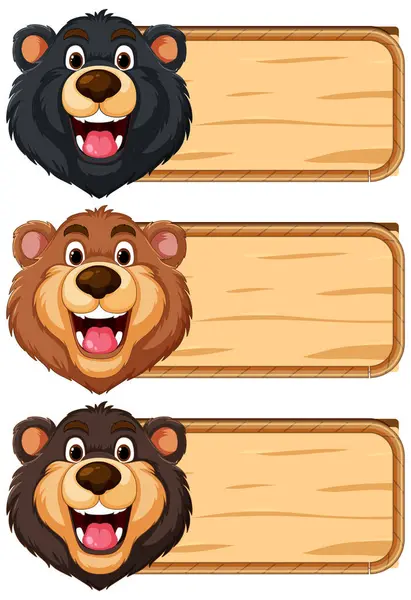Τρεις Χαρούμενες Αρκούδες Κρατώντας Κενές Ξύλινες Πινακίδες Royalty Free Εικονογραφήσεις Αρχείου