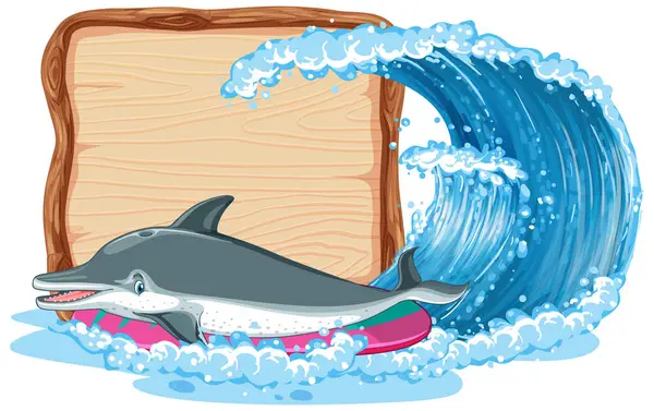 Illustration Eines Delfins Der Auf Einer Welle Auf Einem Surfbrett Stockillustration