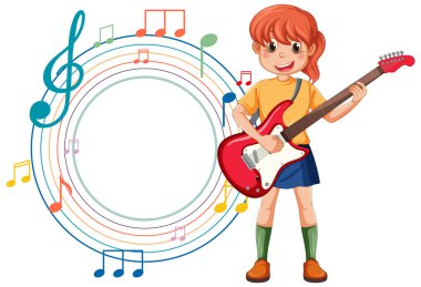 Etrafı notalarla çevrili elektro gitar çalan kız..