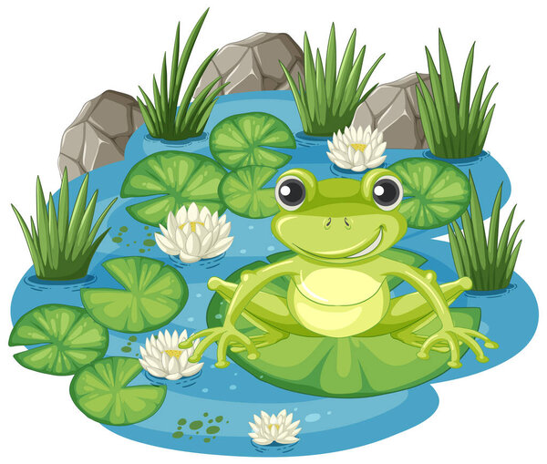 Cheerful frog sitting among lily pads and flowers.