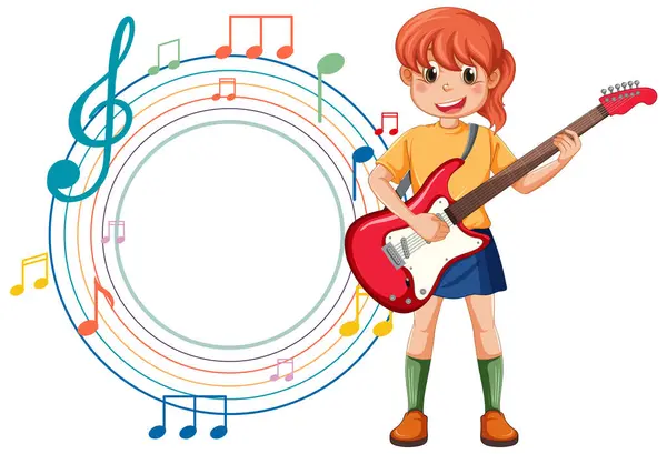 Cartoon Girl Playing Electric Guitar Surrounded Notes Stock Vector