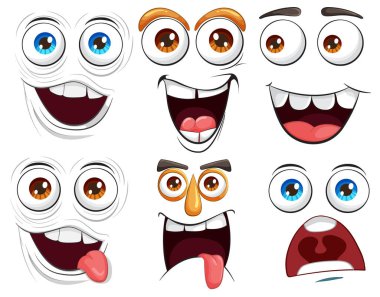 Çeşitli duyguları gösteren karikatür yüzleri koleksiyonu