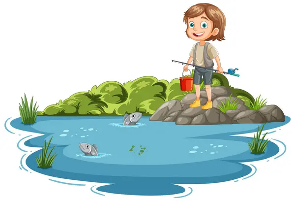 Illustratie Van Een Meisje Vissen Een Zonnige Dag Vectorbeelden