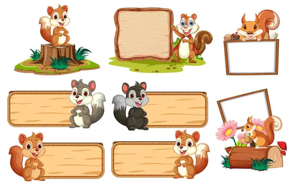 Verschiedene Eichhörnchen Posieren Mit Leeren Holzschildern Stockillustration