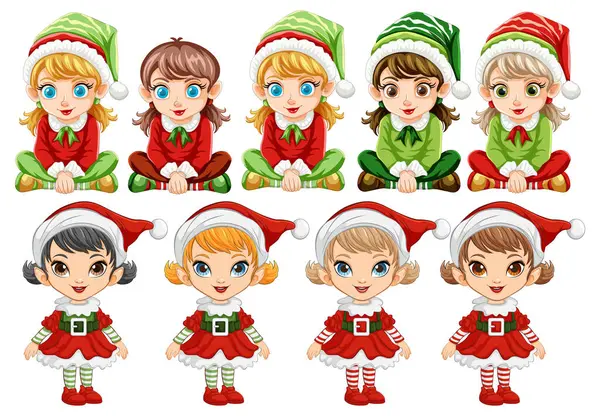Kleurrijke Vector Illustraties Van Acht Kerst Elfen Stockvector
