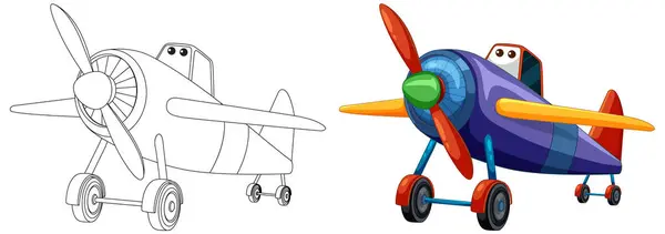 Zwei Cartoon Flugzeuge Ein Buntes Und Ein Linienbild lizenzfreie Stockillustrationen