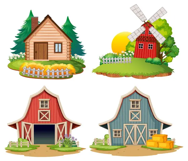 Vector Illustrations Farmhouses Barns Rural Settings Stock Illustration
