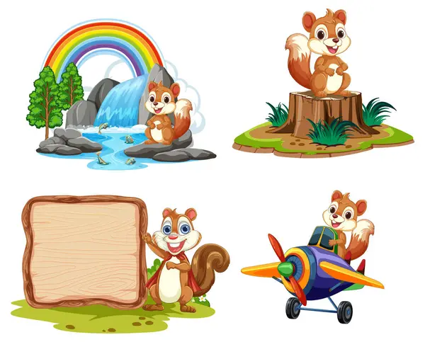 Four Scenes Squirrels Various Playful Settings Royalty Free Stock Illustrations