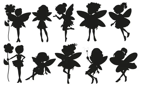 Collection Fairy Silhouettes Various Poses Stock Illustration