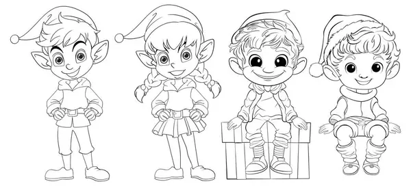 Čtyři Hraví Elfové Různých Veselých Pózách Vektorová Grafika