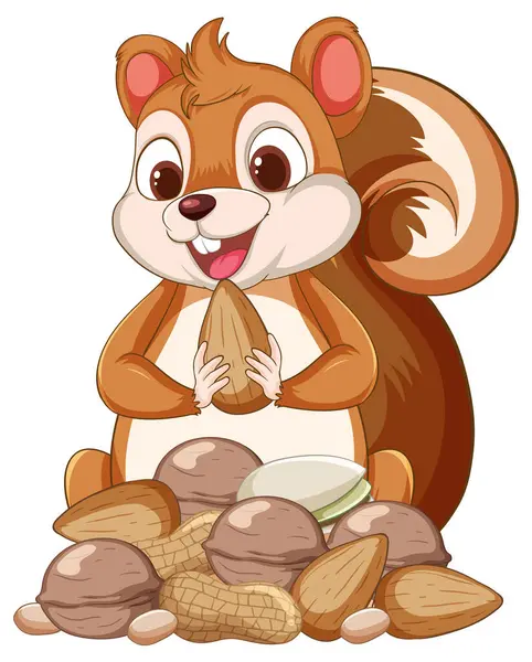 Cartoon Squirrel Holding Nut Surrounded More Nuts — Stockový vektor