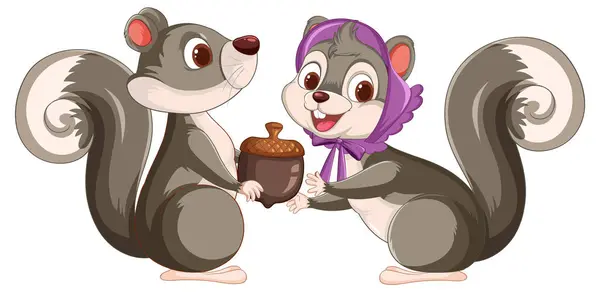 Two Cartoon Squirrels Exchanging Large Acorn Vettoriale Stock