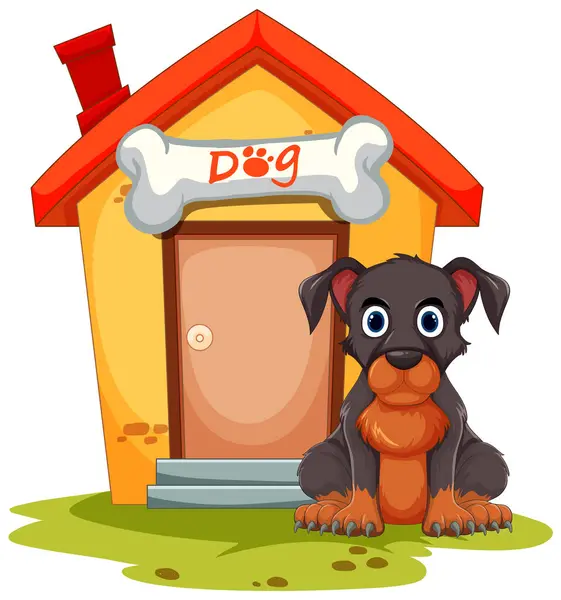 Bonito Cachorro Dos Desenhos Animados Sentado Fora Sua Casa Ilustração De Stock