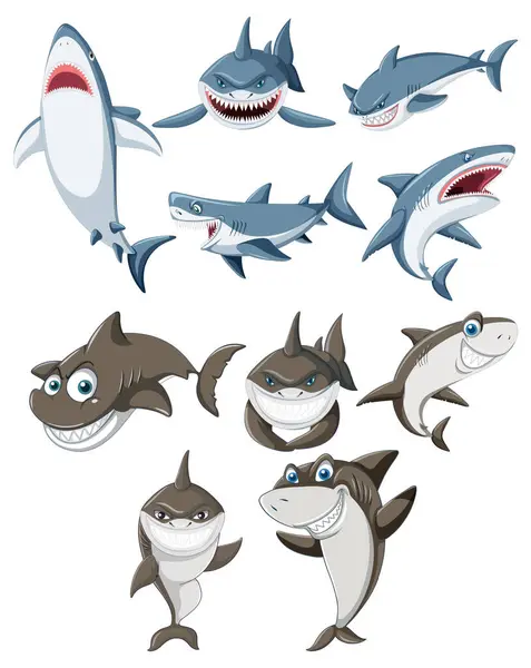 Coleção Diferentes Personagens Tubarões Desenhos Animados Ilustrações De Stock Royalty-Free
