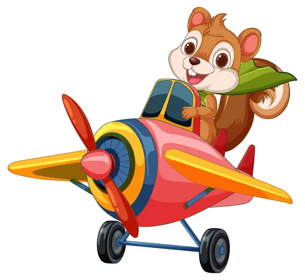 Esquilo Dos Desenhos Animados Pilotando Pequeno Avião Vibrante Ilustração De Stock