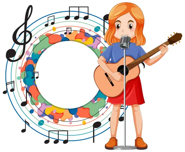 Illustration Girl Playing Guitar Surrounded Notes Vector de stoc