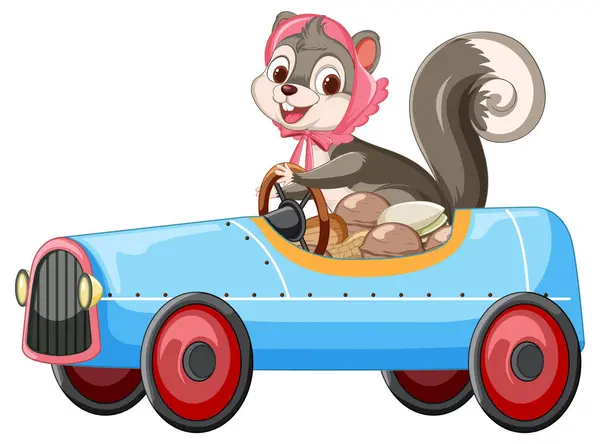 Cartoon Squirrel Driving Colorful Toy Car Stockvektor