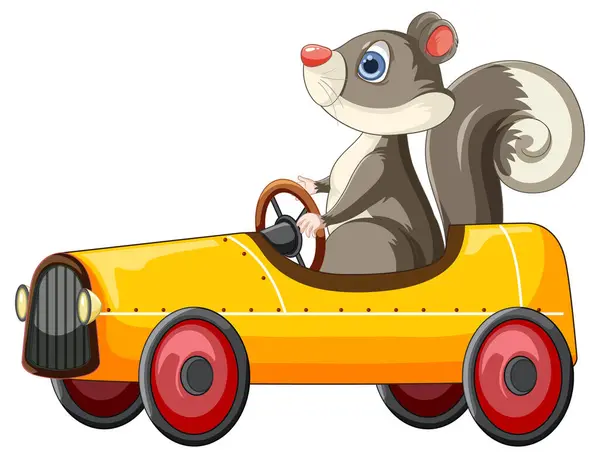 Zeichentrick Eichhörnchen Einem Bunten Spielzeugauto lizenzfreie Stockillustrationen