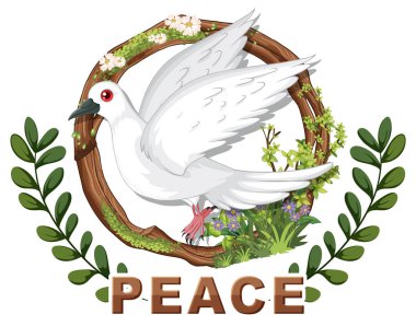 Çiçekli bir çelenk içinde zeytin dallı beyaz güvercin.