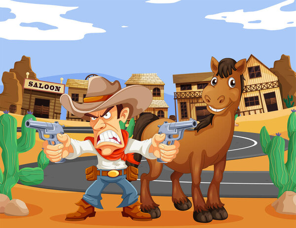 Illustration of cowboy with guns and his horse.