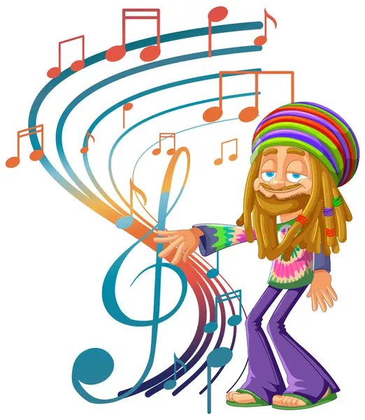 Cartoon Hippie Playing Music Vibrant Notes Stock Vector