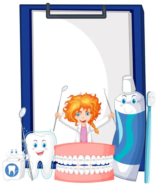 Dentista Dibujos Animados Con Herramientas Productos Dentales Sonrientes Ilustración De Stock