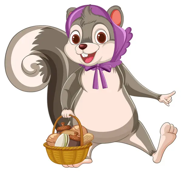Cartoon Squirrel Holding Basket Food Vector Graphics