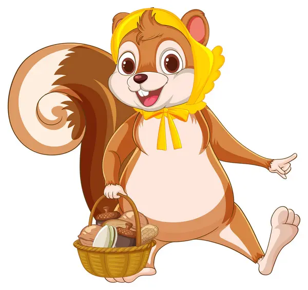 Cartoon Squirrel Holding Basket Smiling Joyfully Vector Graphics