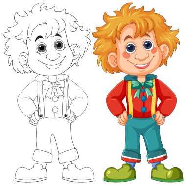 Neşeli palyaço. Renkli kıyafetler ve büyük bir gülümseme.