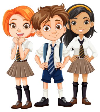 Okul üniformalı üç öğrenci gülümsüyor.