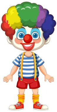 Gökkuşağı saçlı ve kırmızı burunlu neşeli bir palyaço.