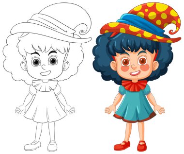 Renkli şapkası ve elbisesi olan sevimli palyaço kız.