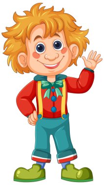 Renkli kıyafetli mutlu palyaço el sallıyor