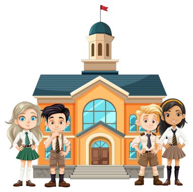 Bir okul binasının önünde duran dört öğrenci.